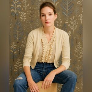 🆕 J.Crew Ivory Merino Wool Cardigan Sweater Ruffle Blouse Underlay L Fits M 6/8